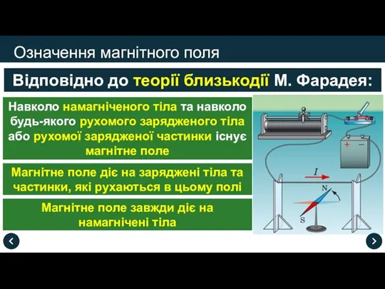 Означення магнітного поля Відповідно до теорії близькодії М. Фарадея: Навколо намагніченого тіла