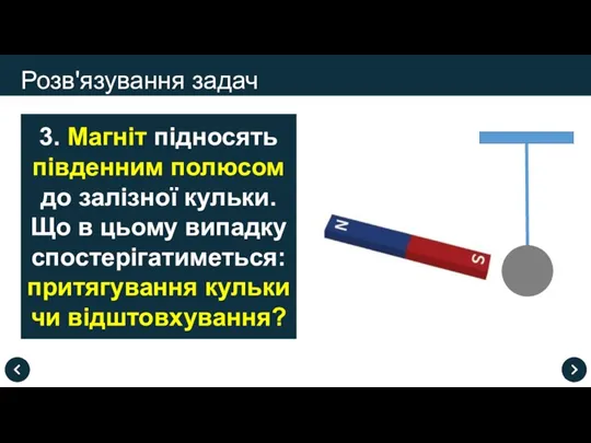 Розв'язування задач 3. Магніт підносять південним полюсом до залізної кульки. Що в