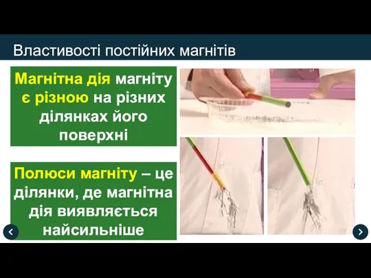 Полюси магніту – це ділянки, де магнітна дія виявляється найсильніше Властивості постійних