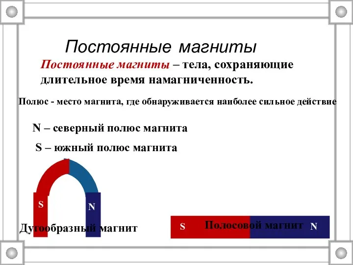 Постоянные магниты N – северный полюс магнита S – южный полюс магнита