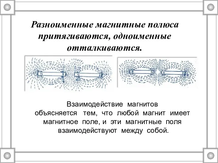 Разноименные магнитные полюса притягиваются, одноименные отталкиваются. Взаимодействие магнитов объясняется тем, что любой