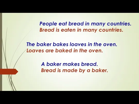 People eat bread in many countries. Bread is eaten in many countries.