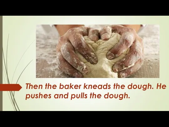 Then the baker kneads the dough. He pushes and pulls the dough.