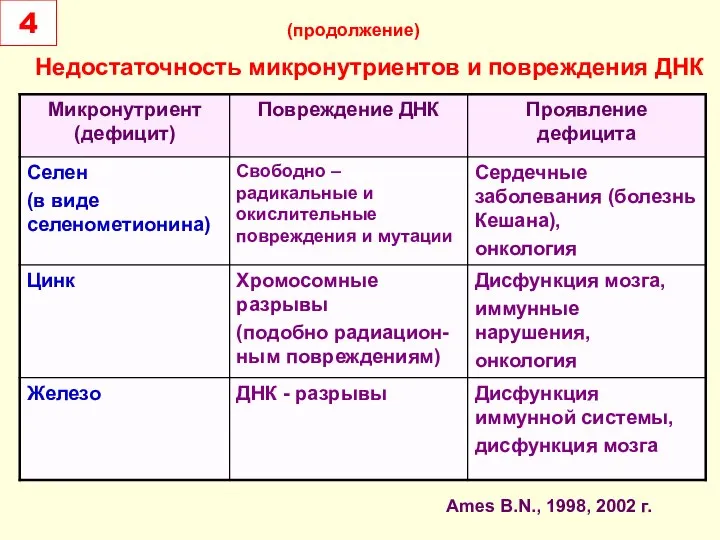 Недостаточность микронутриентов и повреждения ДНК 4 Ames B.N., 1998, 2002 г. (продолжение)