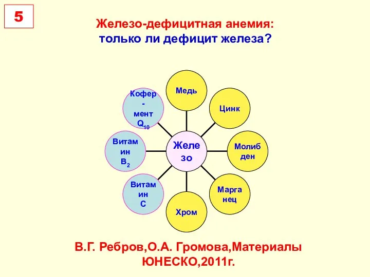 Железо-дефицитная анемия: только ли дефицит железа? В.Г. Ребров,О.А. Громова,Материалы ЮНЕСКО,2011г. 5