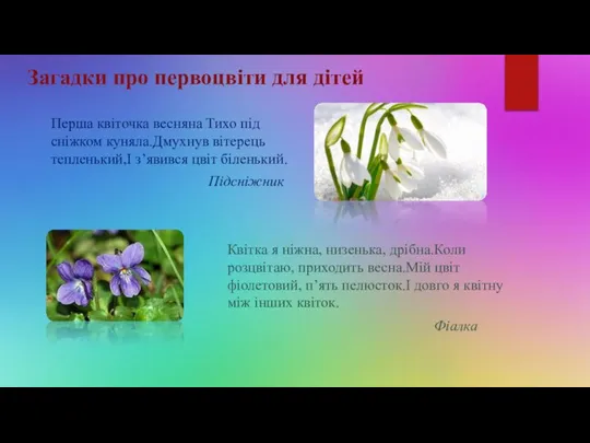 Загадки про первоцвіти для дітей Перша квіточка весняна Тихо під сніжком куняла.Дмухнув