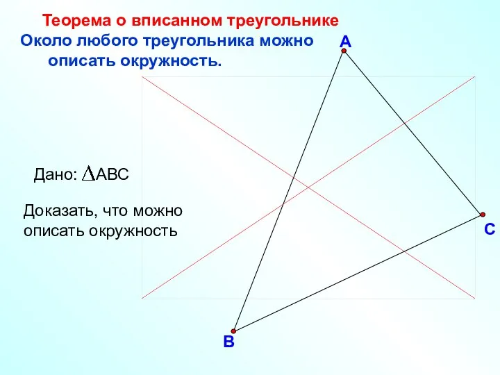 В С А Около любого треугольника можно описать окружность. Теорема о вписанном