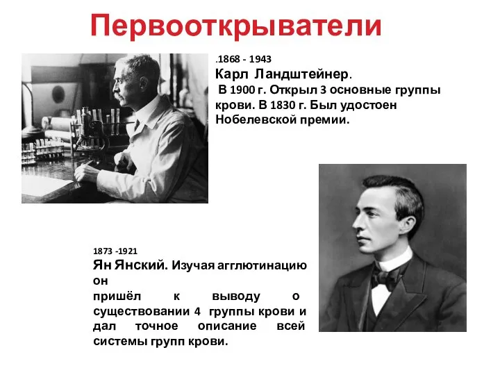Первооткрыватели 1873 -1921 Ян Янский. Изучая агглютинацию он пришёл к выводу о