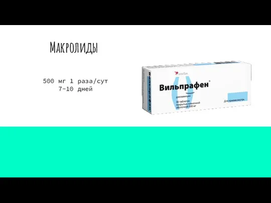 Макролиды 500 мг 1 раза/сут 7-10 дней