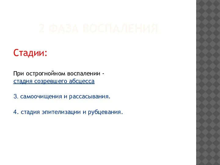 2 ФАЗА ВОСПАЛЕНИЯ Стадии: При острогнойном воспалении - стадия созревшего абсцесса 3.