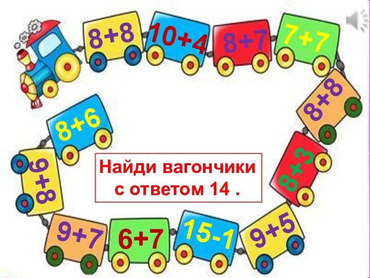 Найди вагончики с ответом 14 . 9+7 8+8 9+5 8+6 7+7 8+7