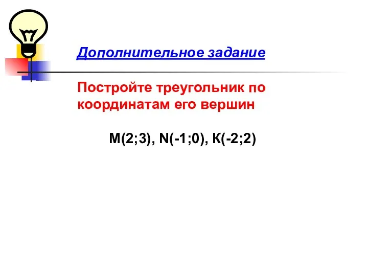 Дополнительное задание Постройте треугольник по координатам его вершин M(2;3), N(-1;0), К(-2;2)