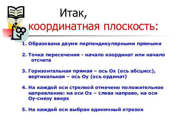 Итак, координатная плоскость: 1. Образована двумя перпендикулярными прямыми 2. Точка пересечения -