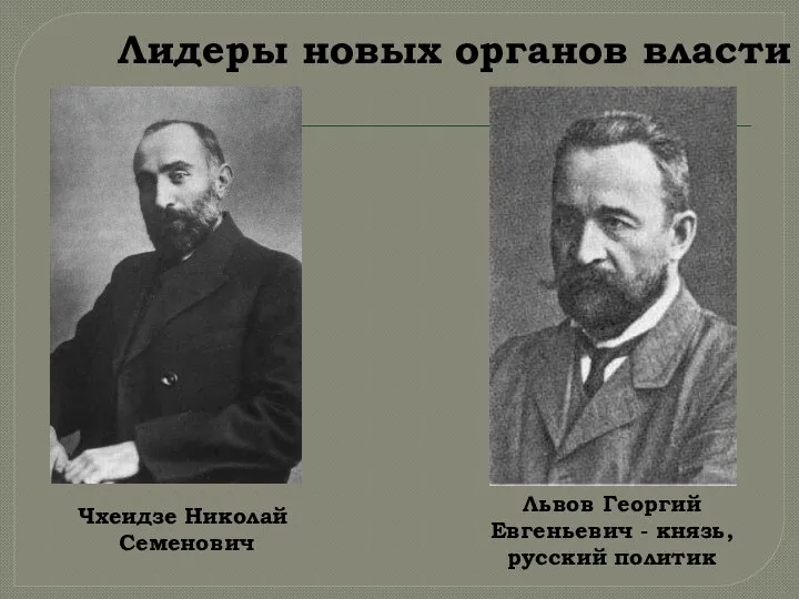 Лидеры новых органов власти Чхеидзе Николай Семенович Львов Георгий Евгеньевич - князь, русский политик