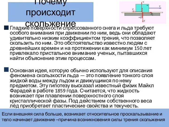 Почему происходит скольжение Гладкие поверхности спрессованного снега и льда требуют особого внимания