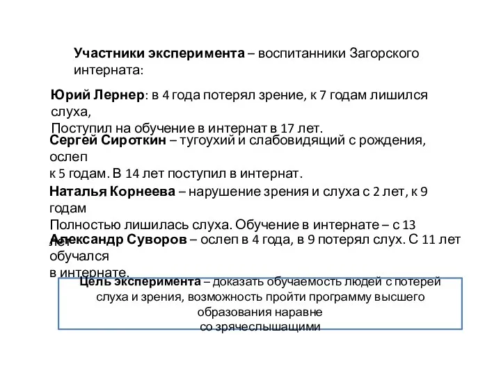 Участники эксперимента – воспитанники Загорского интерната: Юрий Лернер: в 4 года потерял