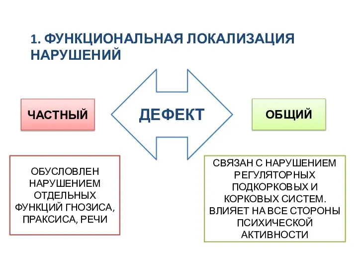 1. ФУНКЦИОНАЛЬНАЯ ЛОКАЛИЗАЦИЯ НАРУШЕНИЙ ДЕФЕКТ ЧАСТНЫЙ ОБЩИЙ ОБУСЛОВЛЕН НАРУШЕНИЕМ ОТДЕЛЬНЫХ ФУНКЦИЙ ГНОЗИСА,