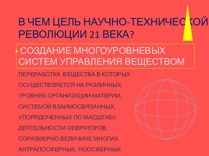 В ЧЕМ ЦЕЛЬ НАУЧНО-ТЕХНИЧЕСКОЙ РЕВОЛЮЦИИ 21 ВЕКА? СОЗДАНИЕ МНОГОУРОВНЕВЫХ СИСТЕМ УПРАВЛЕНИЯ ВЕЩЕСТВОМ