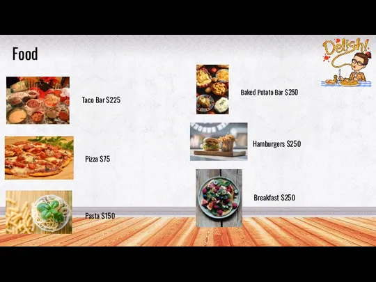 Food Taco Bar $225 Pizza $75 Baked Potato Bar $250 Hamburgers $250 Pasta $150 Breakfast $250
