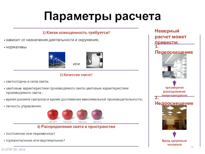 Параметры расчета 1) Какая освещенность требуется? зависит от назначения деятельности и окружения;