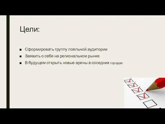 Цели: Сформировать группу лояльной аудитории Заявить о себе на региональном рынке В