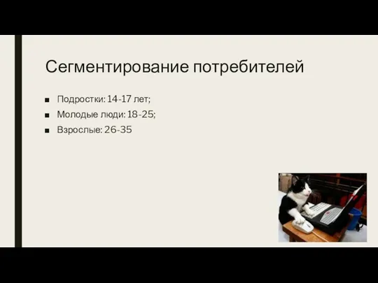 Сегментирование потребителей Подростки: 14-17 лет; Молодые люди: 18-25; Взрослые: 26-35