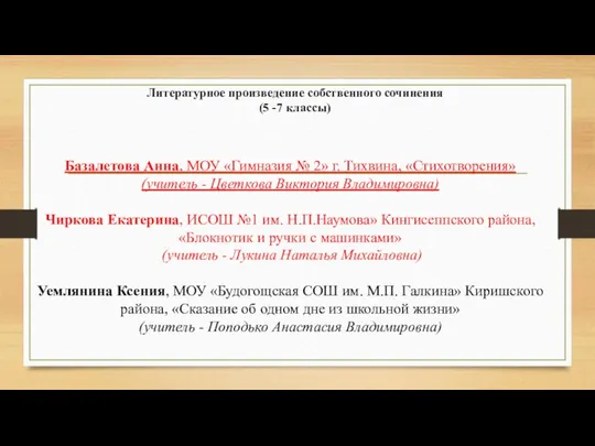 Литературное произведение собственного сочинения (5 -7 классы) Базалетова Анна, МОУ «Гимназия №