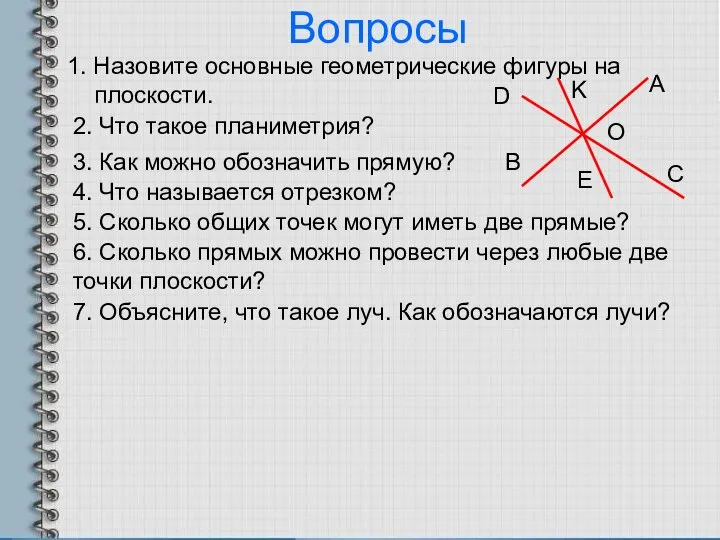 Вопросы 1. Назовите основные геометрические фигуры на плоскости. 2. Что такое планиметрия?