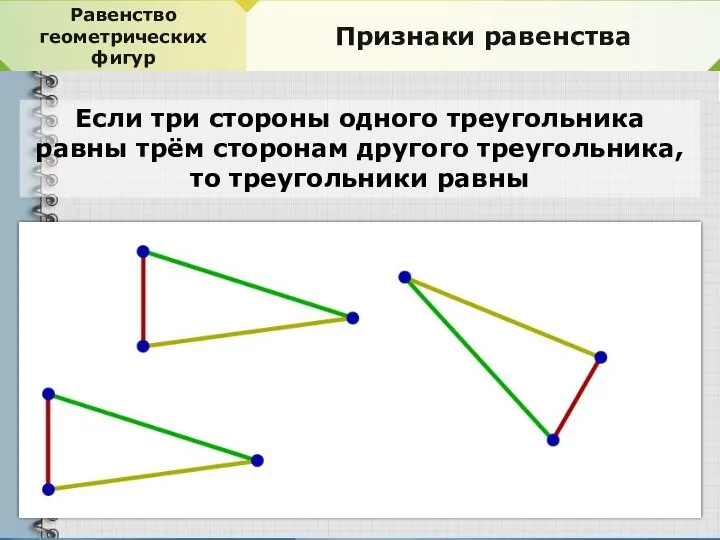 Равенство геометрических фигур Признаки равенства Если три стороны одного треугольника равны трём