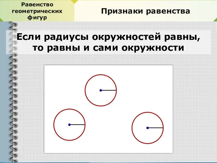 Равенство геометрических фигур Признаки равенства Если радиусы окружностей равны, то равны и сами окружности