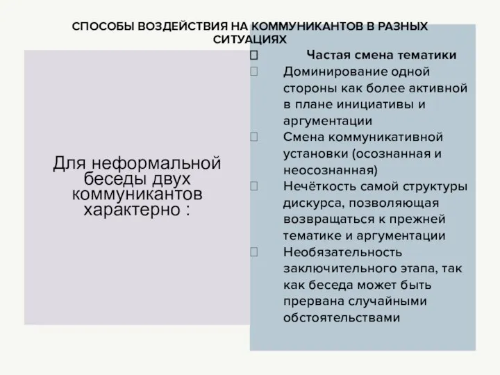 Для неформальной беседы двух коммуникантов характерно : Частая смена тематики Доминирование одной