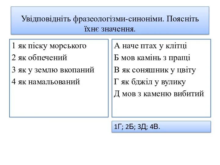 Увідповідніть фразеологізми-синоніми. Поясніть їхнє значення. 1 як піску морського 2 як обпечений