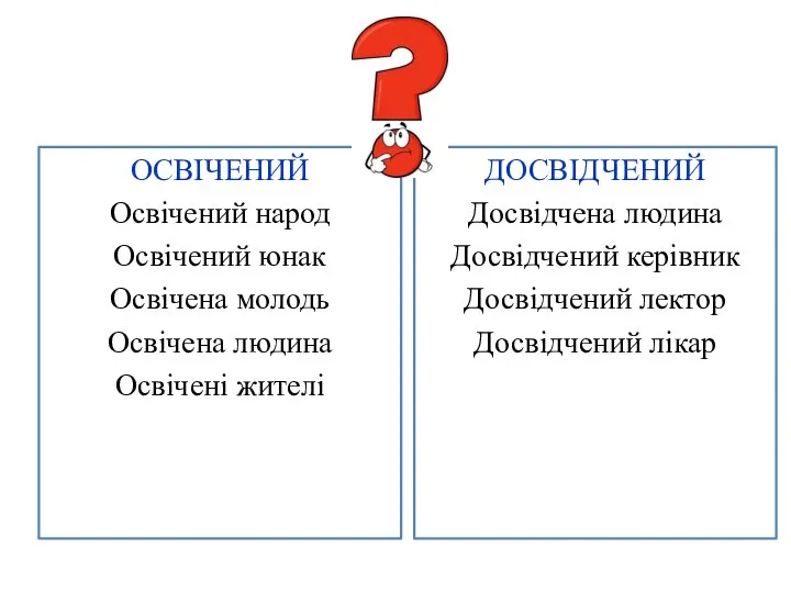 ОСВІЧЕНИЙ Освічений народ Освічений юнак Освічена молодь Освічена людина Освічені жителі ДОСВІДЧЕНИЙ