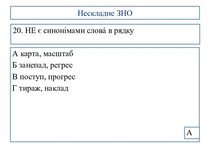 Нескладне ЗНО 20. НЕ є синонімами словá в рядку А карта, масштаб