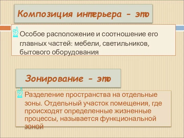 Особое расположение и соотношение его главных частей: мебели, светильников, бытового оборудования Композиция