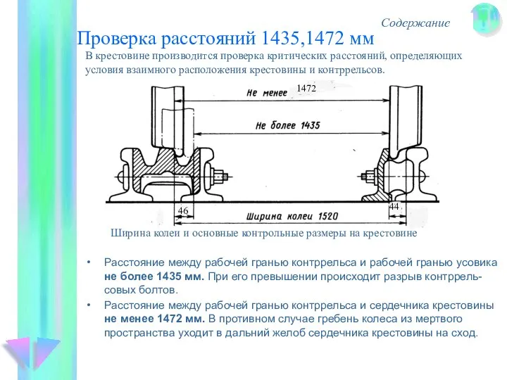 Проверка расстояний 1435,1472 мм Содержание В крестовине производится проверка критических расстояний, определяющих