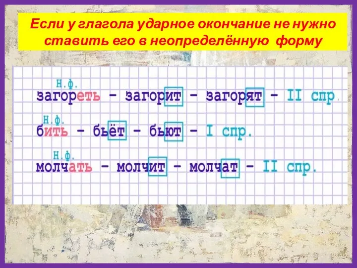 Если у глагола ударное окончание не нужно ставить его в неопределённую форму