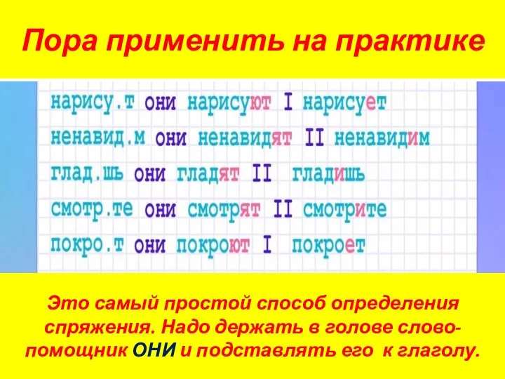 Пора применить на практике Это самый простой способ определения спряжения. Надо держать