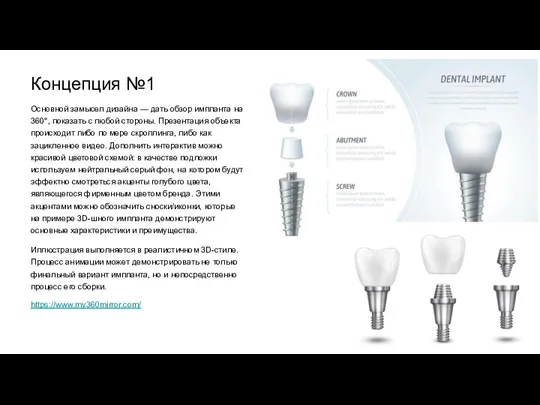 Концепция №1 Основной замысел дизайна — дать обзор импланта на 360°, показать