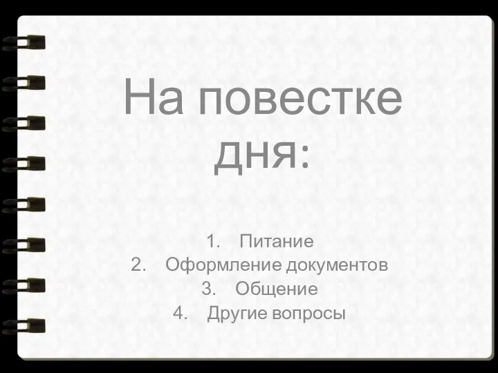 На повестке дня: Питание Оформление документов Общение Другие вопросы