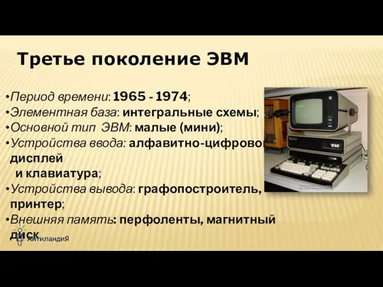 Период времени: 1965 - 1974; Элементная база: интегральные схемы; Основной тип ЭВМ: