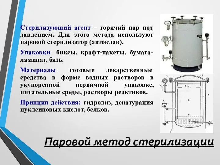 Паровой метод стерилизации Стерилизующий агент – горячий пар под давлением. Для этого