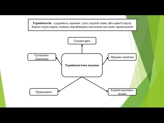 Термінологія – сукупність термінів з усіх галузей знань (або однієї галузі). Кожна