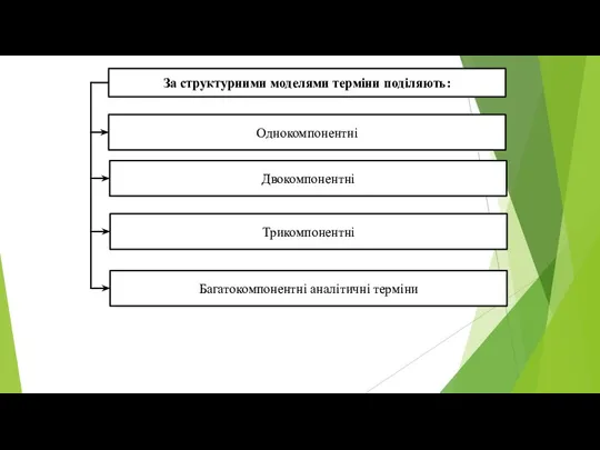 За структурними моделями терміни поділяють: Однокомпонентні Двокомпонентні Трикомпонентні Багатокомпонентні аналітичні терміни