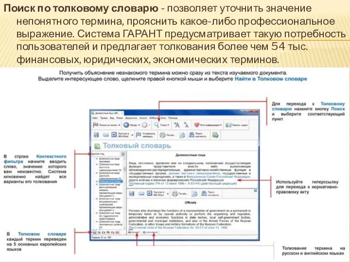 Поиск по толковому словарю - позволяет уточнить значение непонятного термина, прояснить какое-либо