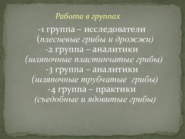 Работа в группах -1 группа – исследователи (плесневые грибы и дрожжи) -2