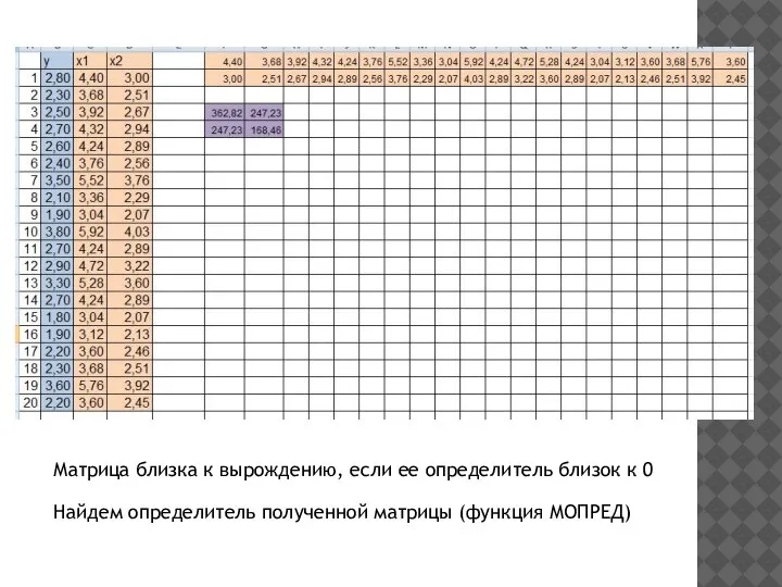 Матрица близка к вырождению, если ее определитель близок к 0 Найдем определитель полученной матрицы (функция МОПРЕД)