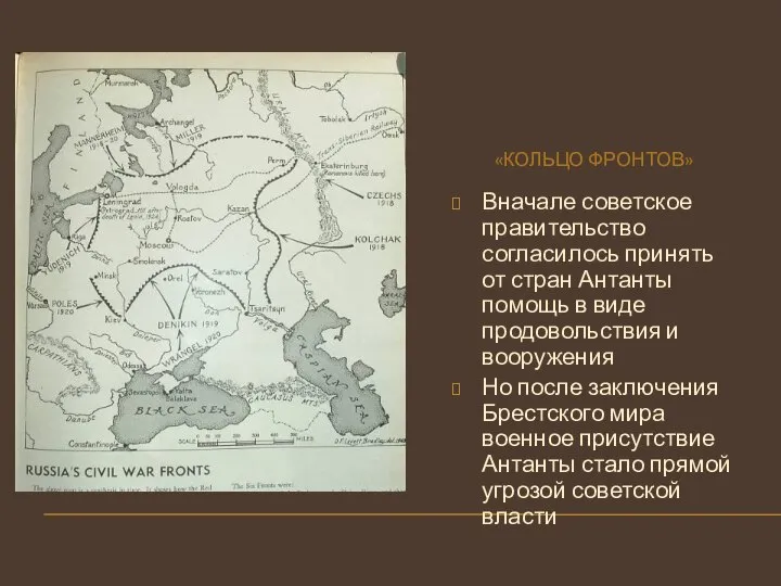 «КОЛЬЦО ФРОНТОВ» Вначале советское правительство согласилось принять от стран Антанты помощь в