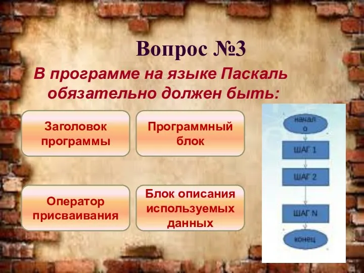 Вопрос №3 В программе на языке Паскаль обязательно должен быть: Программный блок