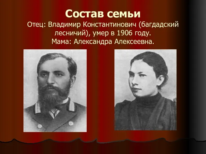 Состав семьи Отец: Владимир Константинович (багдадский лесничий), умер в 1906 году. Мама: Александра Алексеевна.